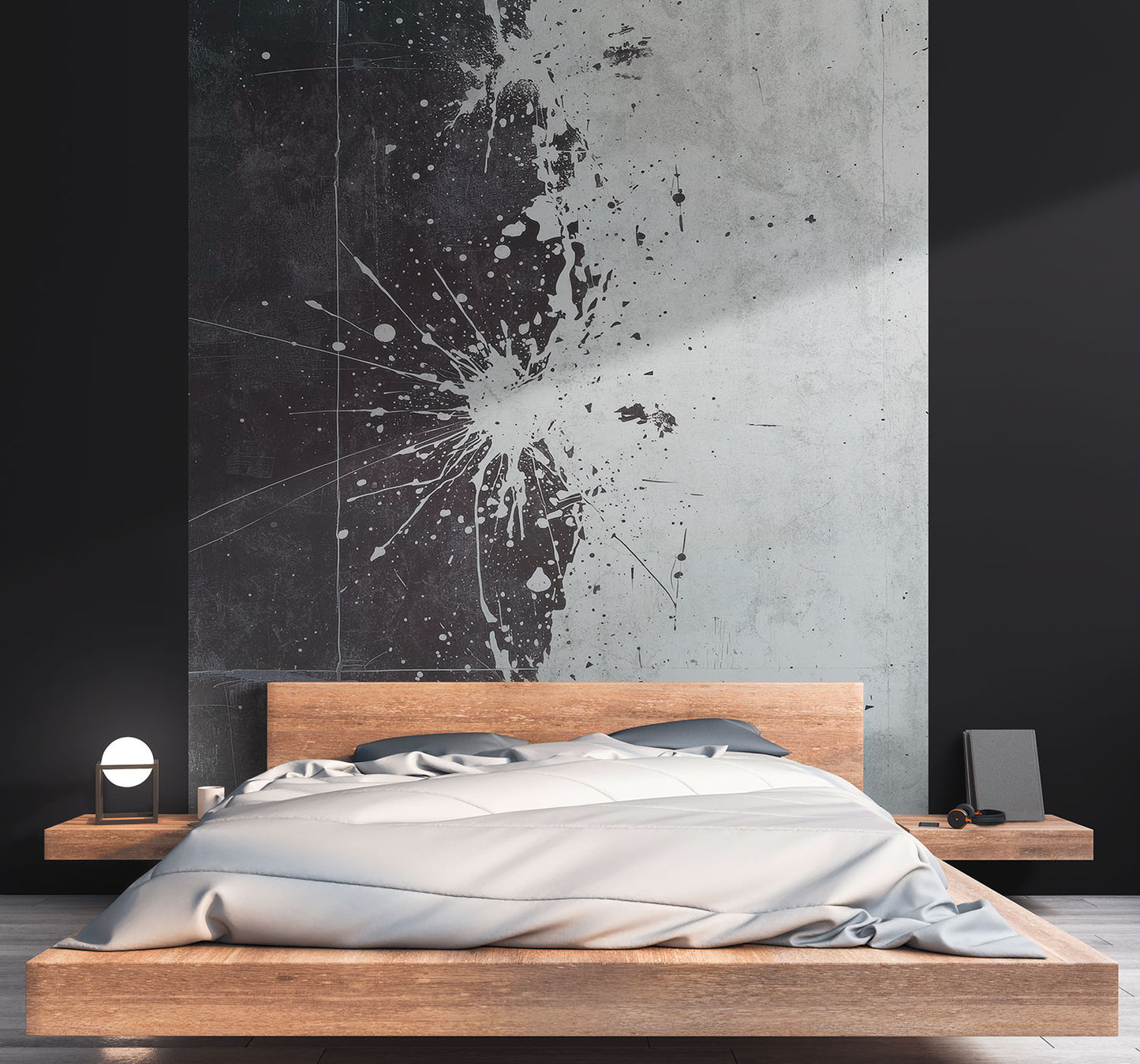 Schwarz Weiss Tapete mit Farbkleksen im Schlafzimmer von Superwalls
