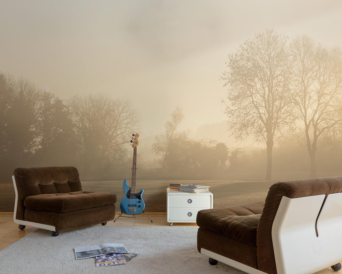 Fototapete im Wohnzimmer von Bäumen im Sonnenaufgang von Superwalls