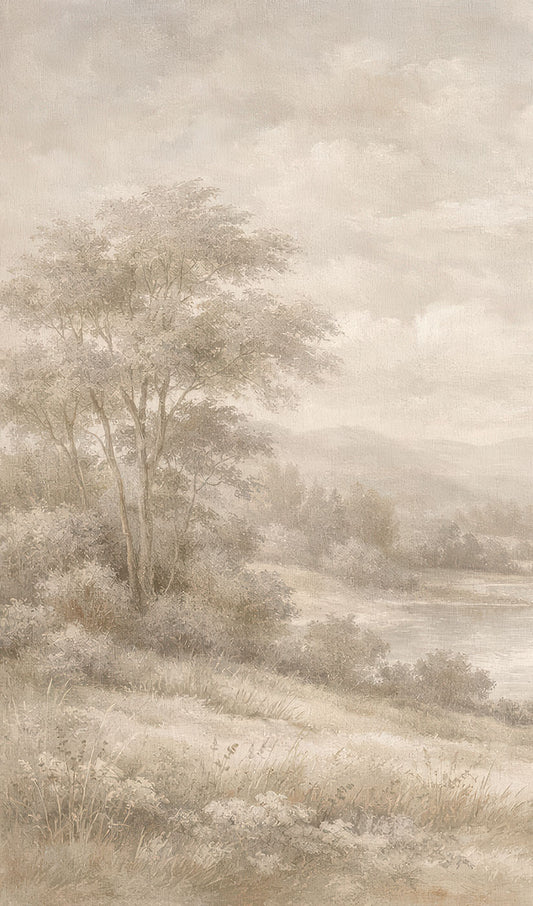 Vintage Landschaftstapete von Superwalls mit Fluss, Hügeln und Bäumen in sanften Tönen