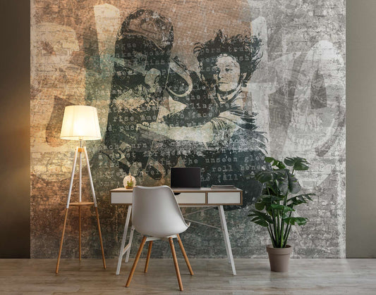 Moderner Arbeitsplatz mit weißem Stuhl, Schreibtisch, Laptop, Stehlampe und einer Tapete mit Skateboarder-Motiv und Schrift auf Ziegelsteinmauer von Superwalls