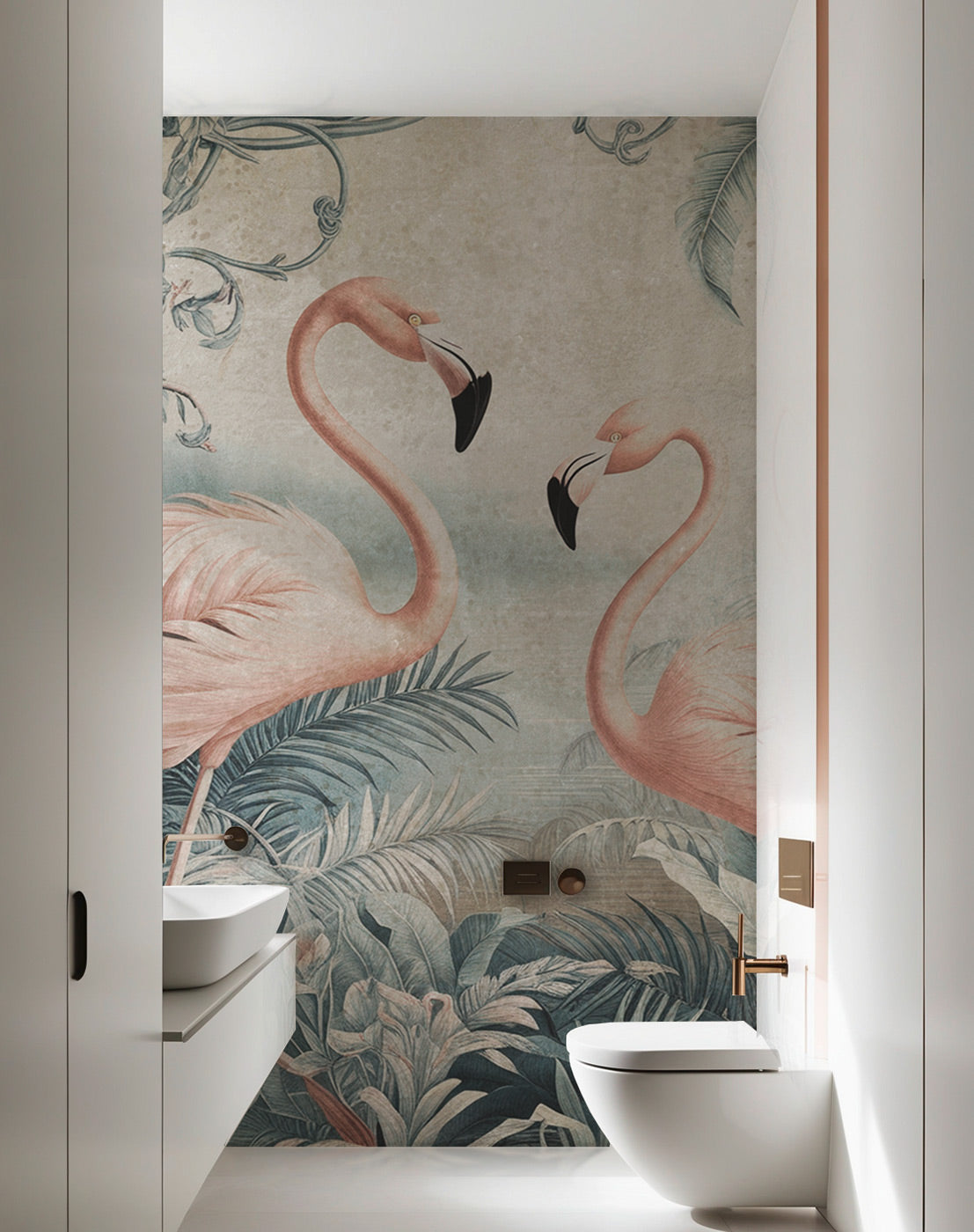 Digitaldrucktapete mit Flamingo im Bad