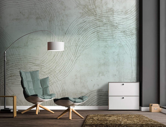 Moderner Sessel mit Fußhocker in grünlichem Leder, weiße Stehlampe, weiße Kommode mit zwei Schubladen, brauner Teppich, Wand mit abstraktem Linienmuster Tapete von Superwalls