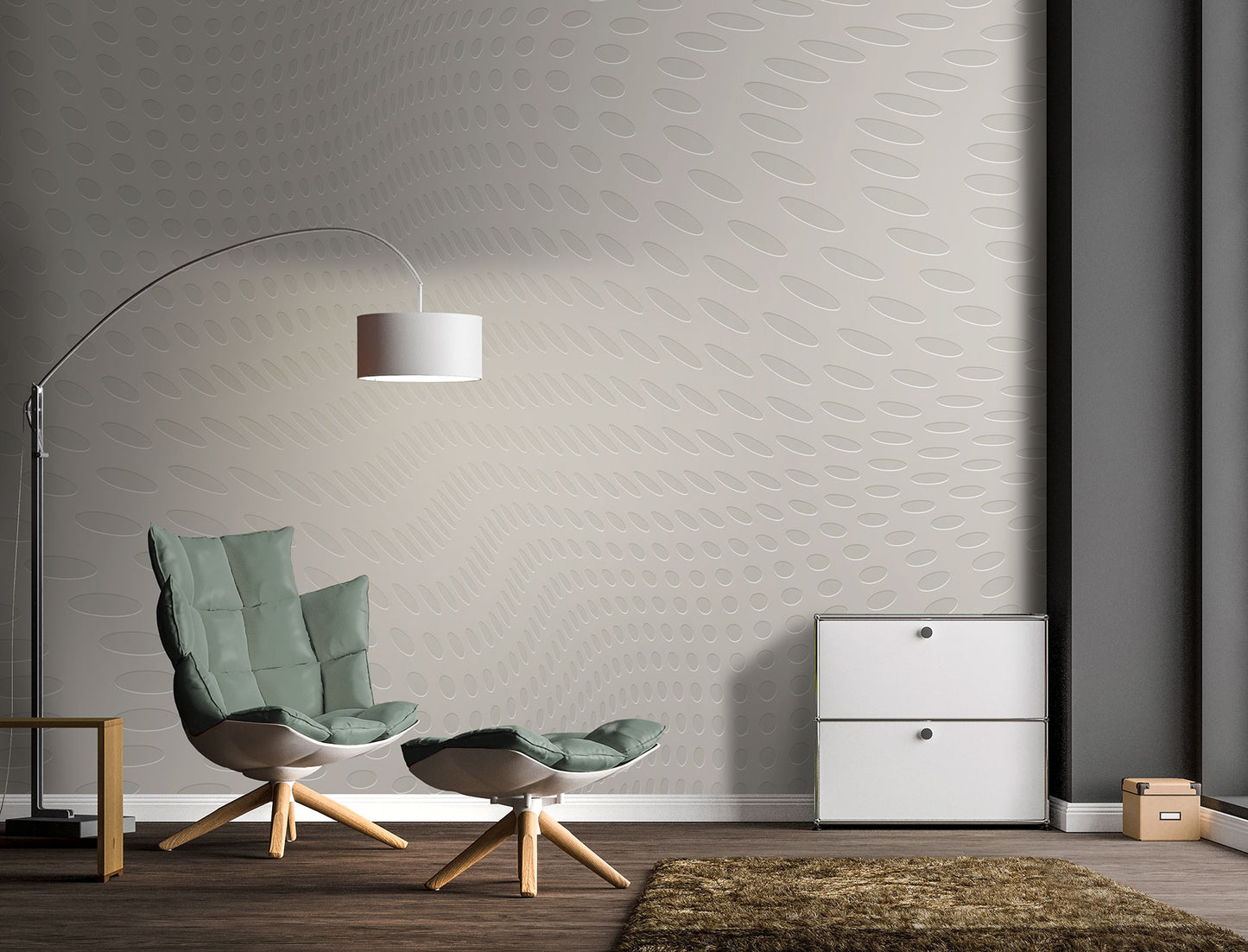 Grüner gepolsterter Sessel mit passendem Hocker und gebogener Stehlampe vor Punktmuster Tapete von Superwalls