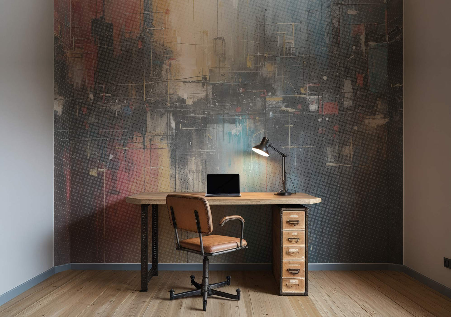 Holztisch mit Schubladenelement und braunem Drehstuhl vor einer Tapete von Superwalls mit abstraktem, farbigem Muster, darauf ein Laptop und eine Schreibtischlampe.