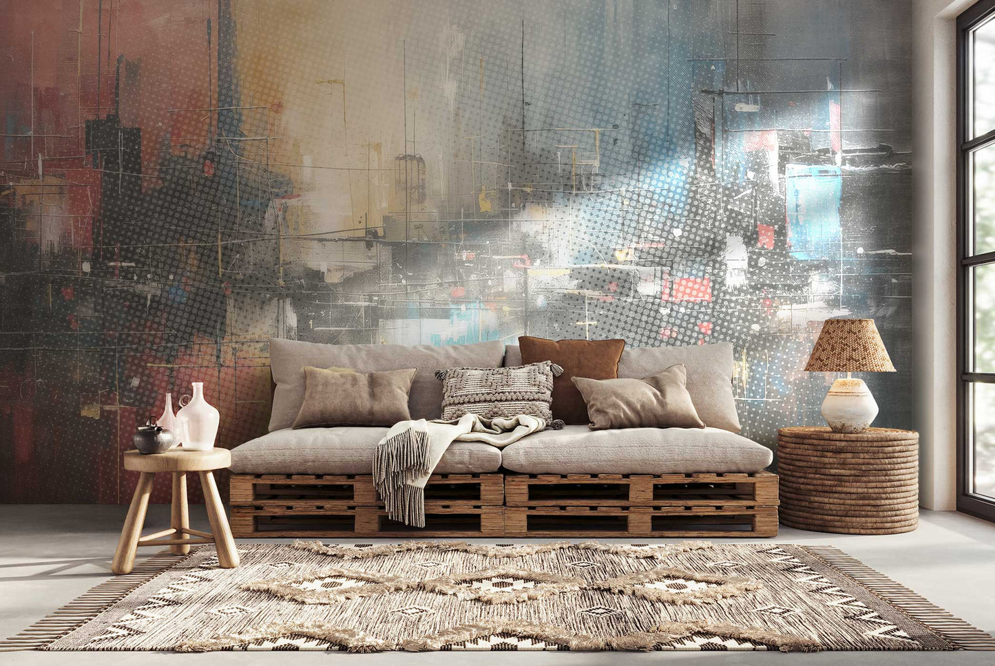 Wohnzimmer mit grauem Palettensofa, gemustertem Teppich, runder Lampe auf Korbtisch und abstrakter Tapete von Superwalls.