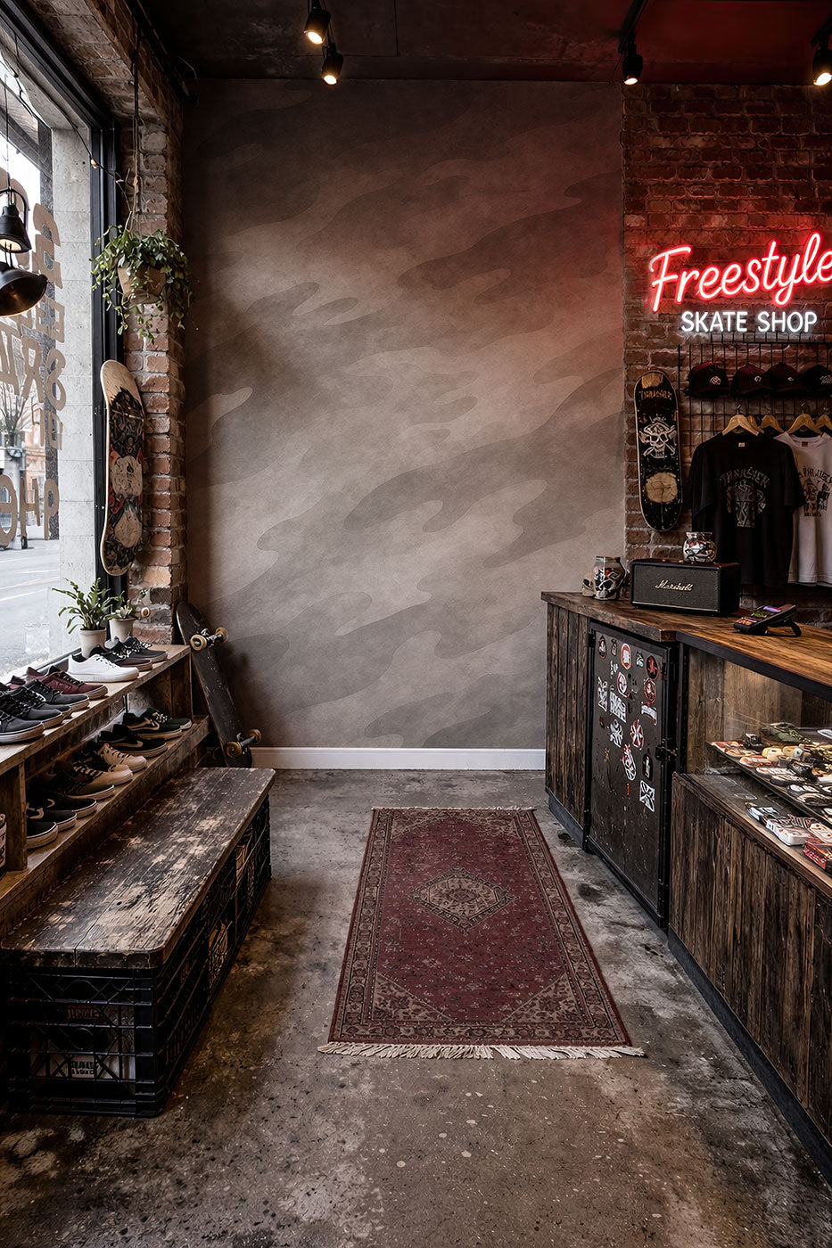 Innenraum eines Skate-Shops mit Skateboards, Schuhregal, Holztheke mit Aufklebern und Neonlicht mit Schriftzug 'Freestyle Skate Shop' und Camouflage Tapete von Superwalls