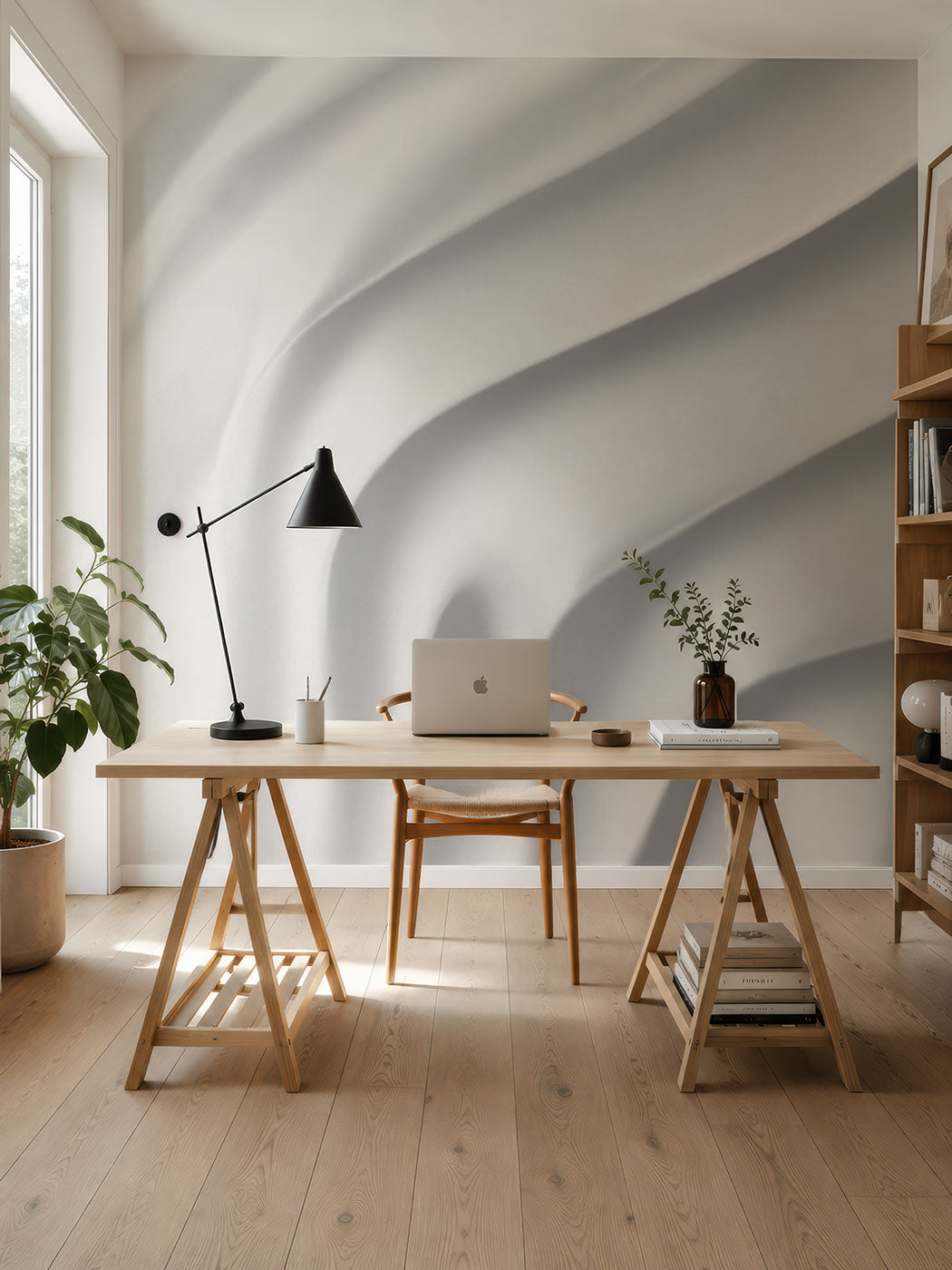Moderner Arbeitsplatz mit Holzschreibtisch, schwarzer Schreibtischlampe, Laptop und Pflanzen vor einer Tapete mit wellenförmiger Struktur von Superwalls