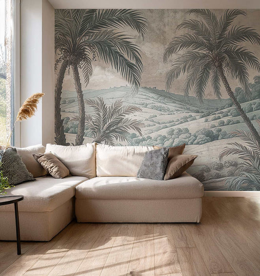 Vintage Palmentapete im Wohnraum von Superwalls