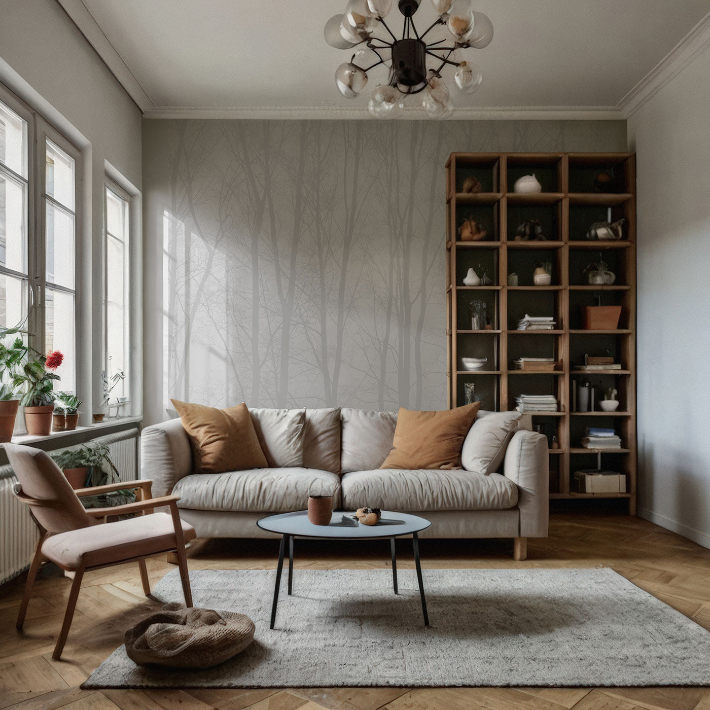 Wohnzimmer mit grauem Sofa, zwei braunen Kissen, rundem schwarzen Couchtisch, beigem Sessel, großem Bücherregal und Wand mit Baumtapete von Superwalls