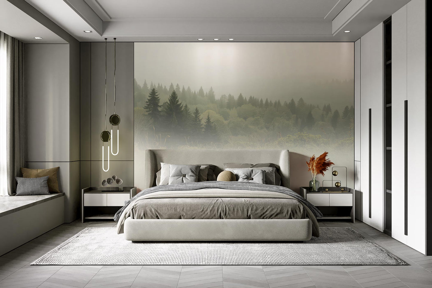 Schlafzimmer mit grauem Polsterbett, mehreren Kissen und einer Vliestapete von Superwalls mit nebligem Waldmotiv aus Nadelbäumen.