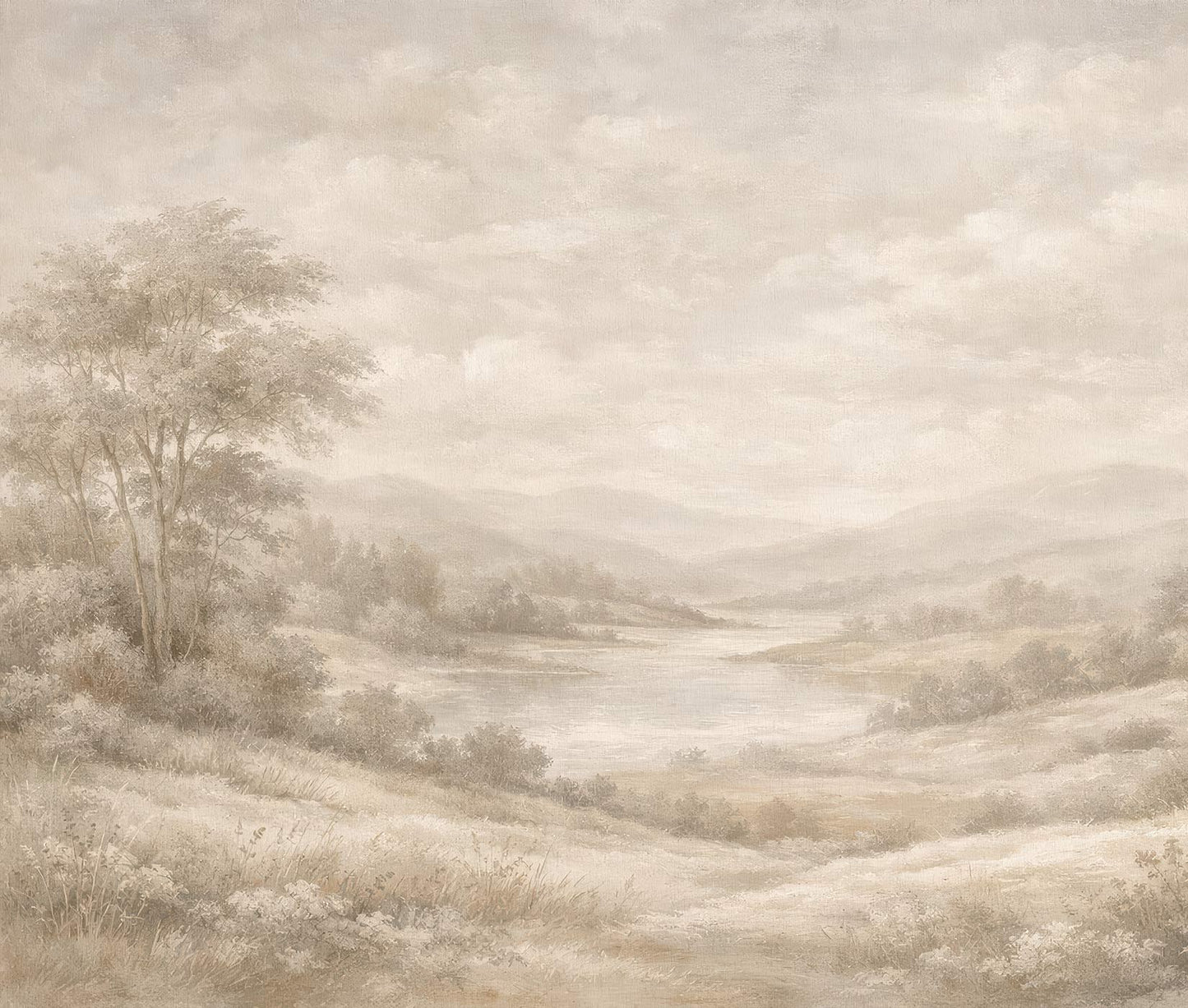 Vintage Landschaftstapete von Superwalls mit Fluss, Hügeln und Bäumen in sanften Tönen