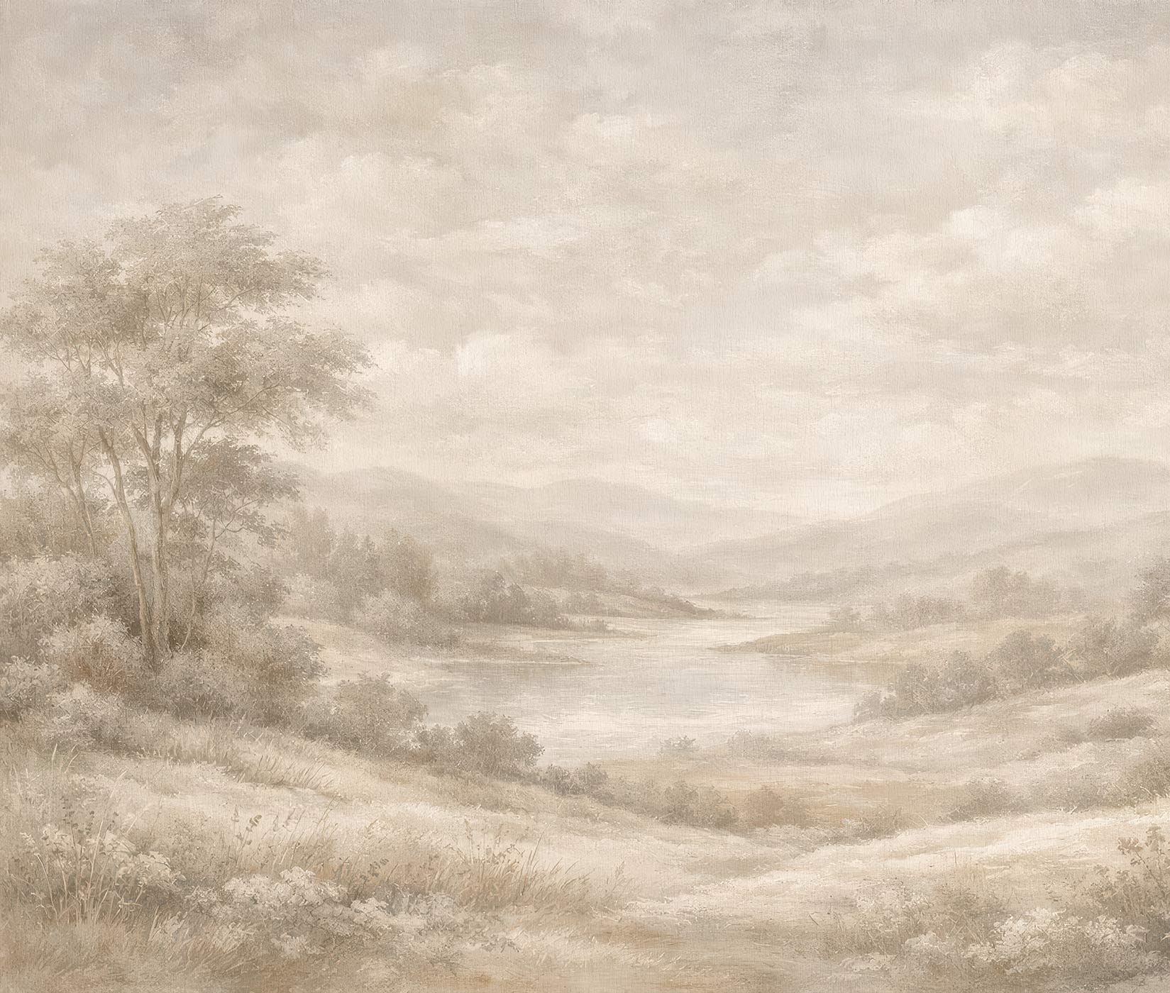 Vintage Landschaftstapete von Superwalls mit Fluss, Hügeln und Bäumen in sanften Tönen