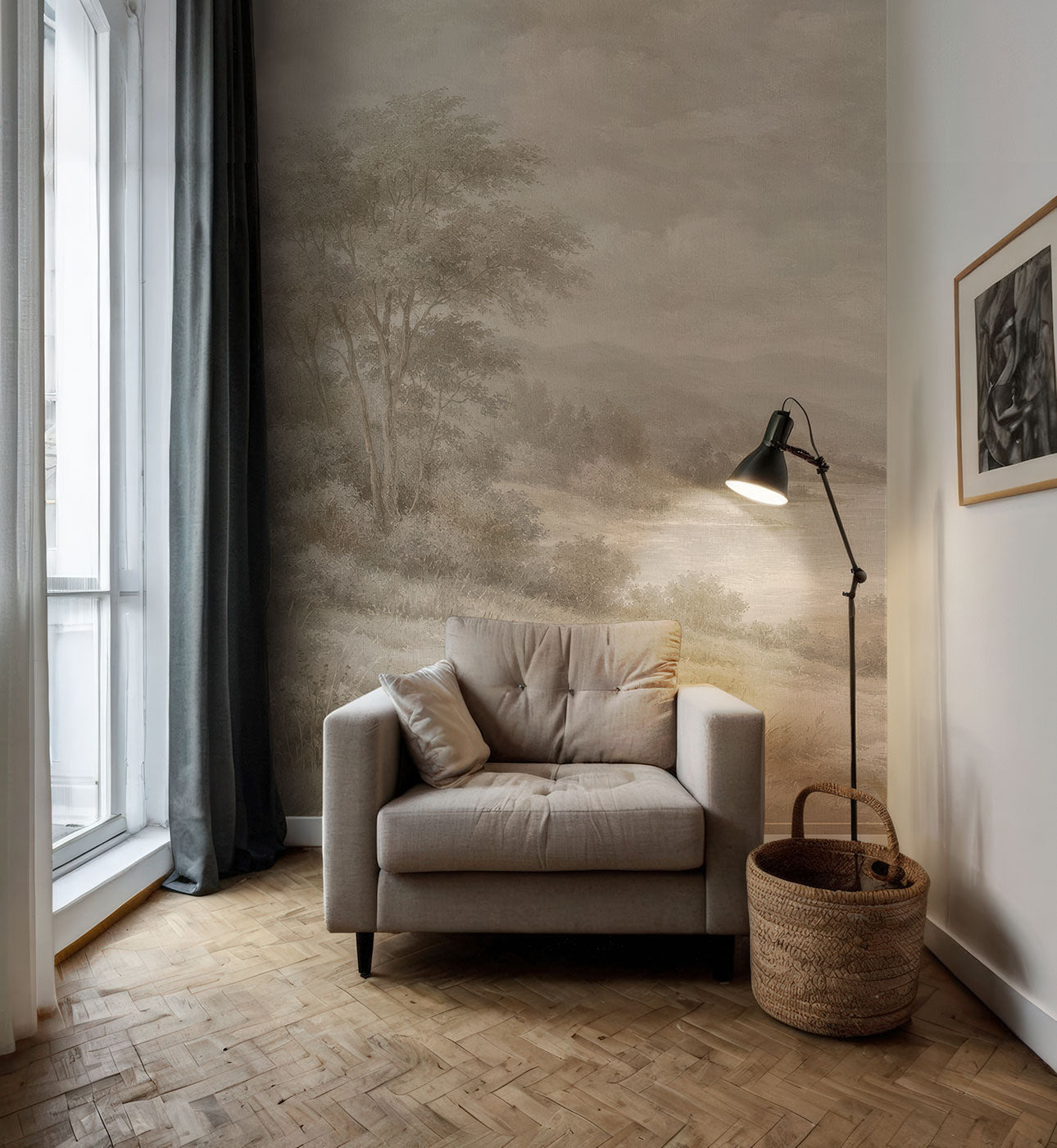 Beiger Sessel mit Kissen vor einer Superwalls Vintage Landschaftstapete neben Stehlampe und geflochtenem Korb auf Parkettboden