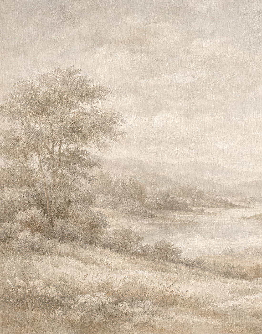 Vintage Landschaftstapete von Superwalls mit Fluss, Hügeln und Bäumen in sanften Tönen