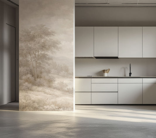 Minimalistische Küche mit weißen Schränken und einer Vintage Landschaftstapete von Superwalls in gedeckten Farben
