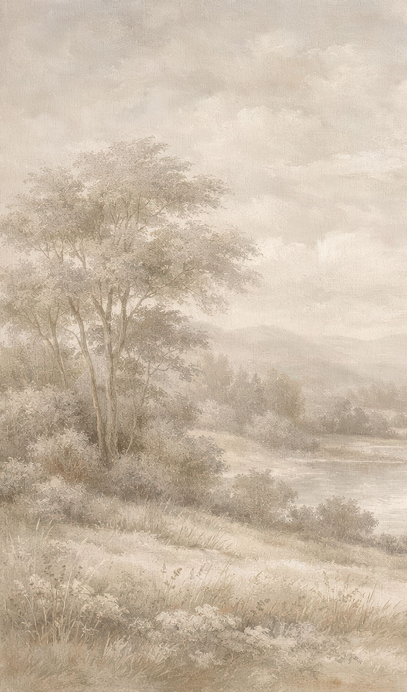Vintage Landschaftstapete von Superwalls mit Fluss, Hügeln und Bäumen in sanften Tönen