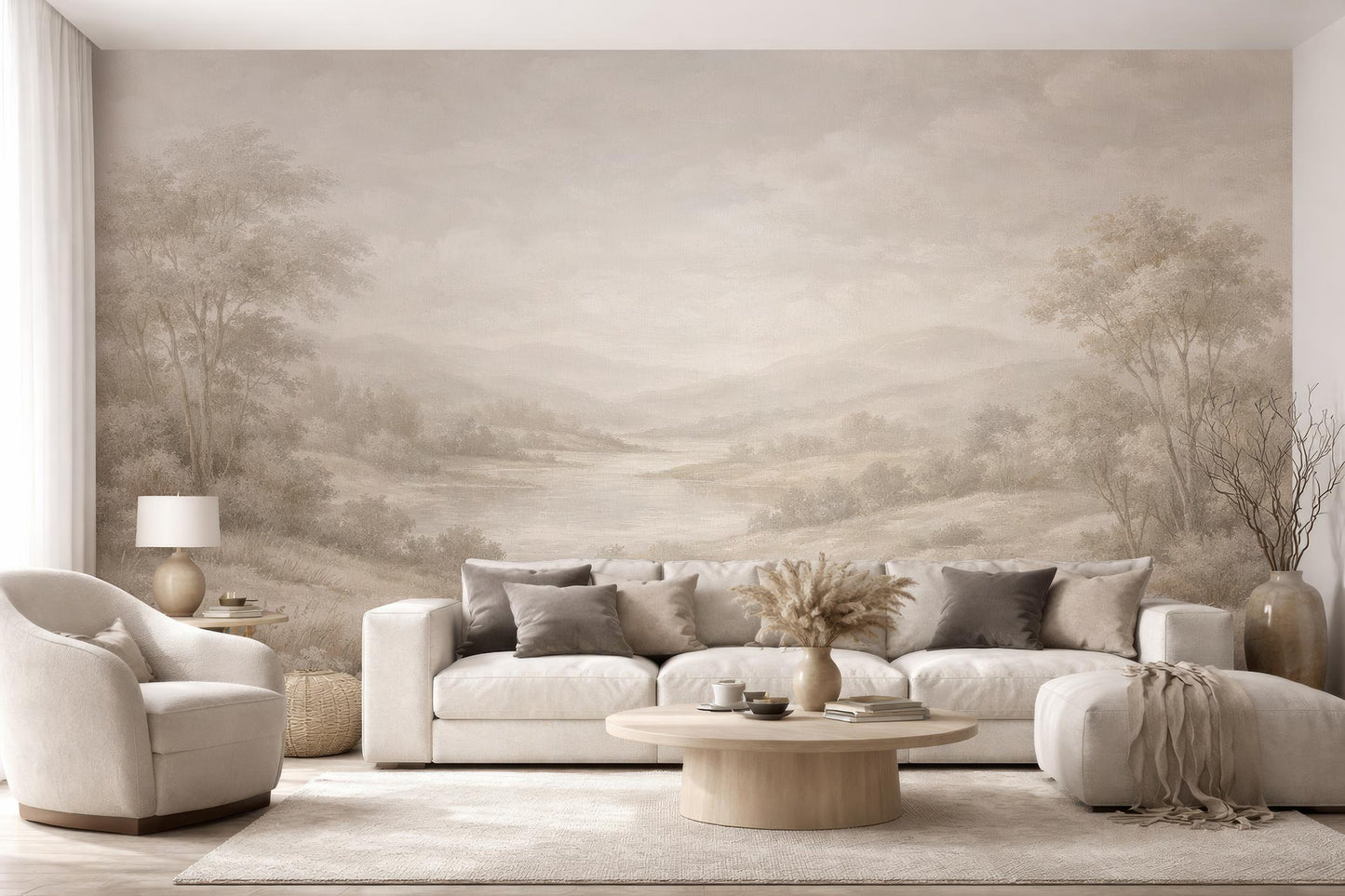 Wohnzimmer mit hellem Sofa, Sessel, rundem Couchtisch, Teppich und einer Vintage Landschaftstapete von Superwalls in sanften Erdtönen