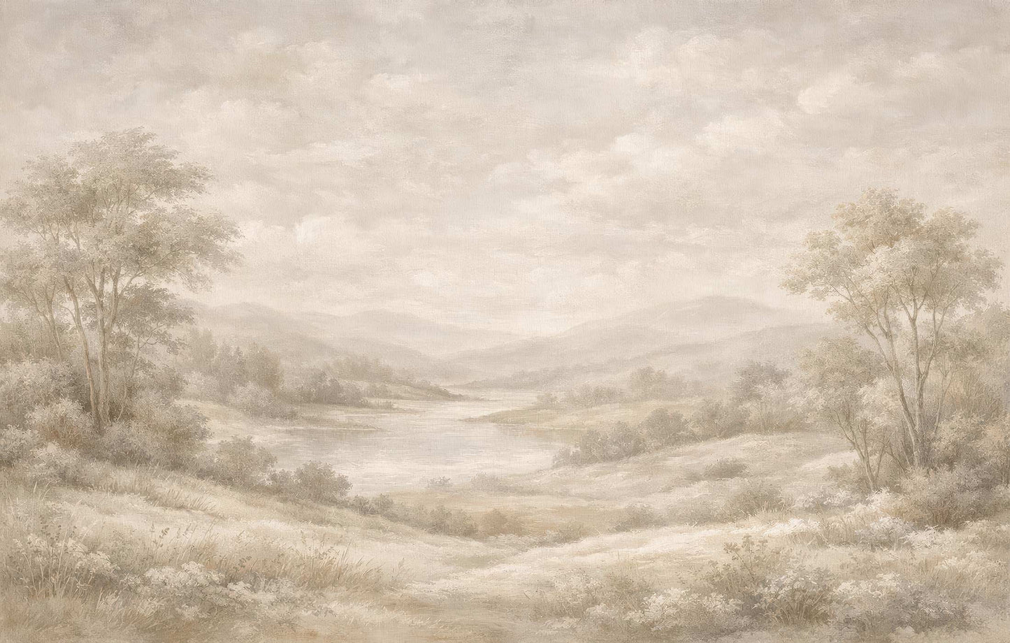 Vintage Landschaftstapete von Superwalls mit Fluss, Hügeln und Bäumen in sanften Tönen