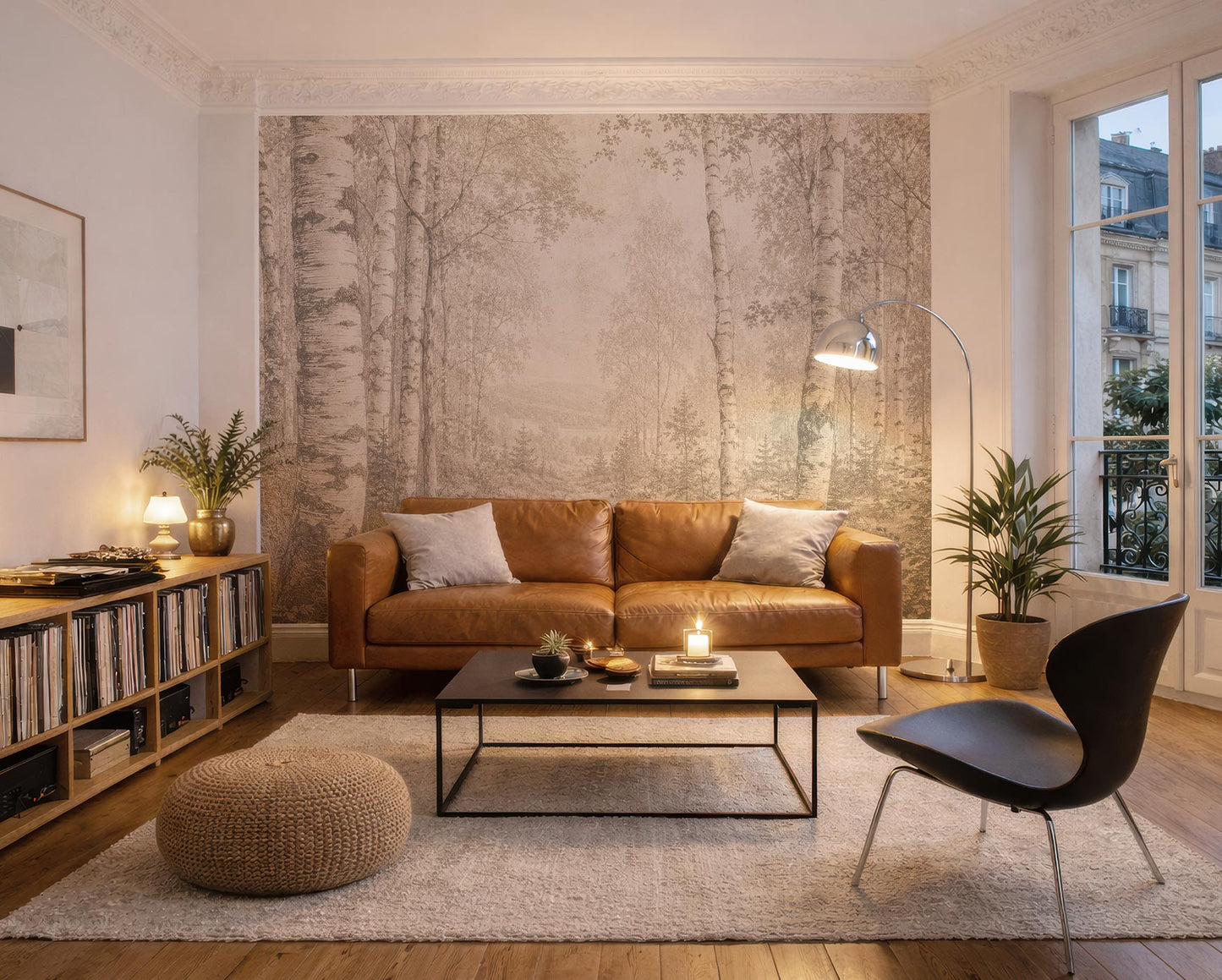 Wohnzimmer mit braunem Ledersofa, schwarzem Sessel, rundem Strickpuff, Vliestapete mit Birkenwaldmotiv und bodentiefen Fenstern von Superwalls