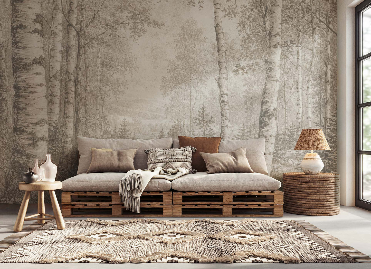 Wohnzimmer mit Sofa aus Holzpaletten, Kissen, Decke, rundem Beistelltisch mit Vase, rundem Korbtisch mit Lampe und Wand mit Waldtapete von Superwalls