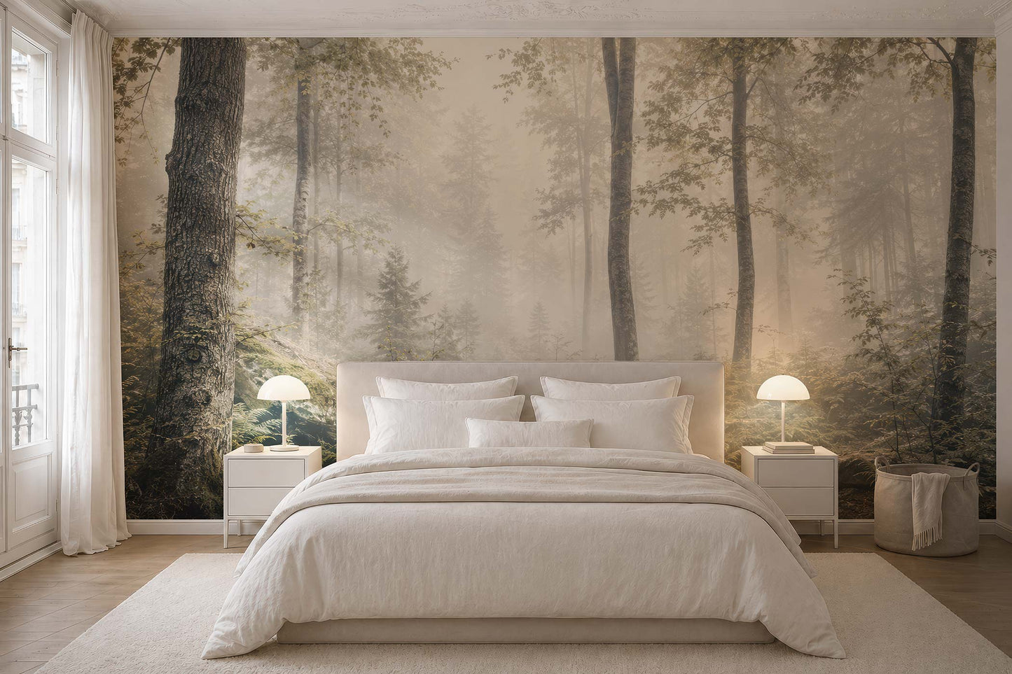 Schlafzimmer mit großem Bett, zwei Nachttischen mit Lampen und einer Vliestapete mit Waldmotiv von Superwalls