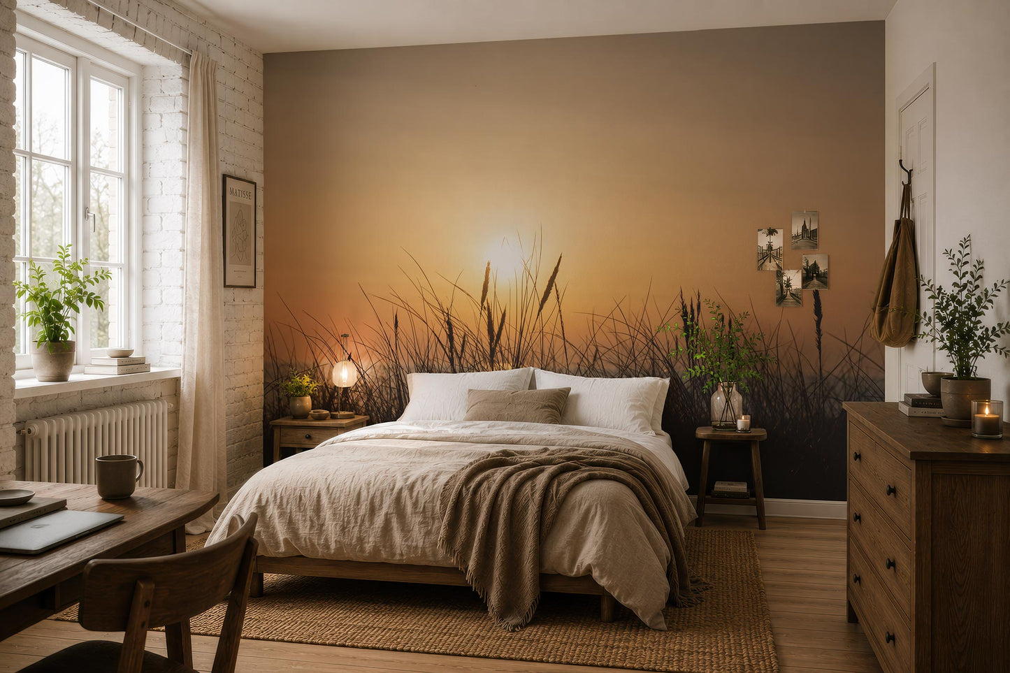 Schlafzimmer mit Doppelbett vor einer Fototapete mit Sonnenuntergangs- und Gräser-Motiv, Holzmöbeln und Pflanzen. Vliestapete von Superwalls