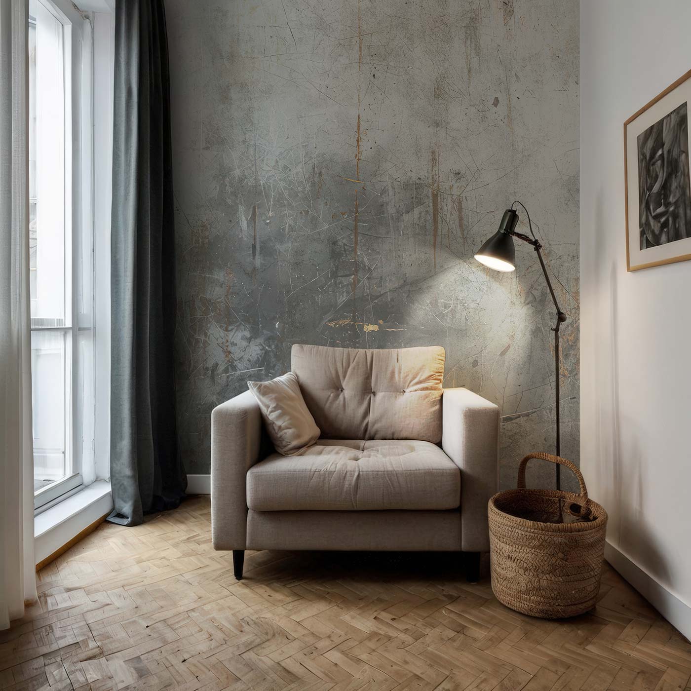 Beiger Sessel mit Kissen vor Industriewand Tapete von Superwalls, daneben Stehlampe und geflochtener Korb auf Holzboden neben Fenster mit Vorhang.
