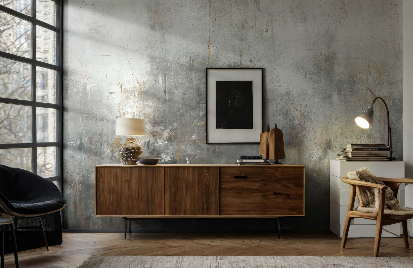 Moderner Wohnraum mit Sideboard aus dunklem Holz, Tischlampe, schwarzem Stuhl, Schreibtisch mit Stuhl und großem Fenster mit Metallrahmen und Betonwand Tapete von Superwalls