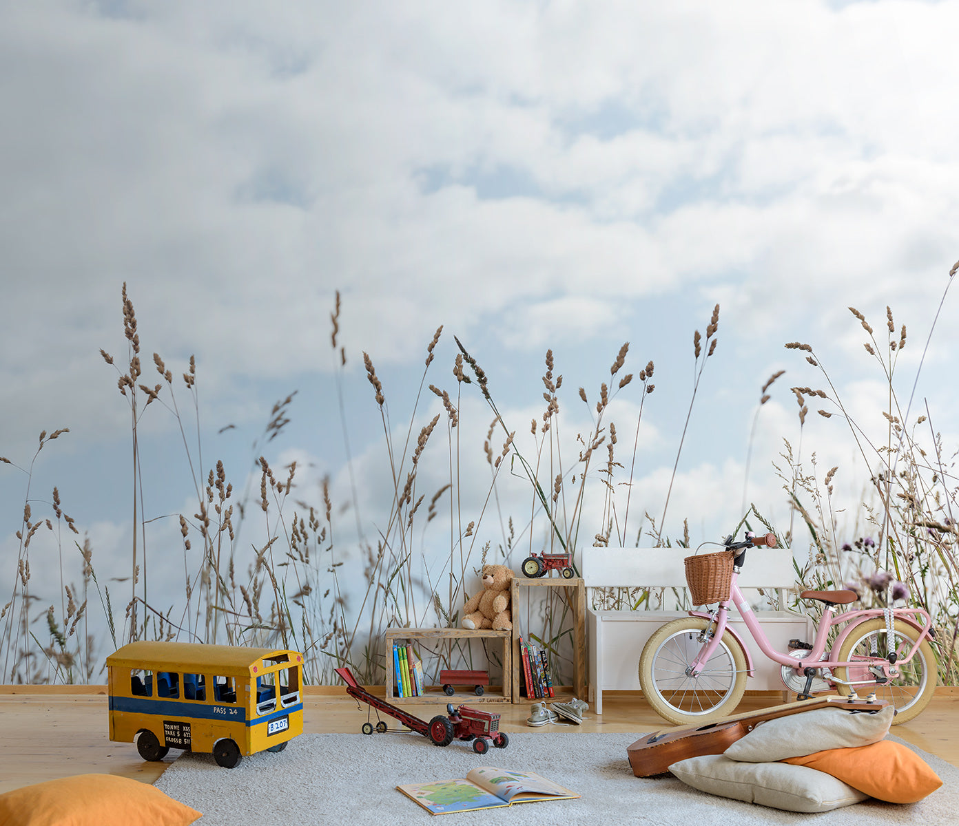 Digitaldrucktapete mit Grashalmen im Kinderzimmer