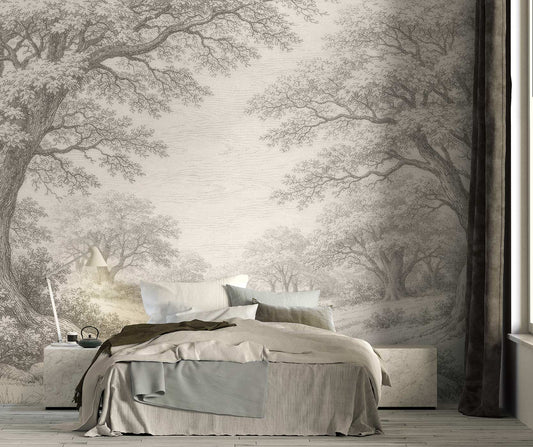 Schlafzimmer mit großem Bett vor einer Wand mit schwarz-weißer Vintage Landschaftstapete von Superwalls, die Bäume und Himmel zeigt
