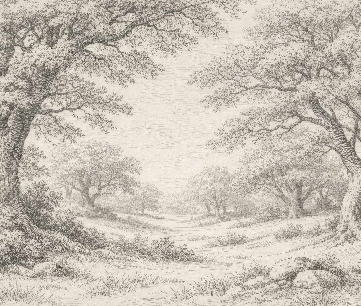 Schwarz-weiße Zeichnung einer Landschaft mit großen Bäumen, Gras und leicht hügeligem Gelände Vintage Tapete von Superwalls