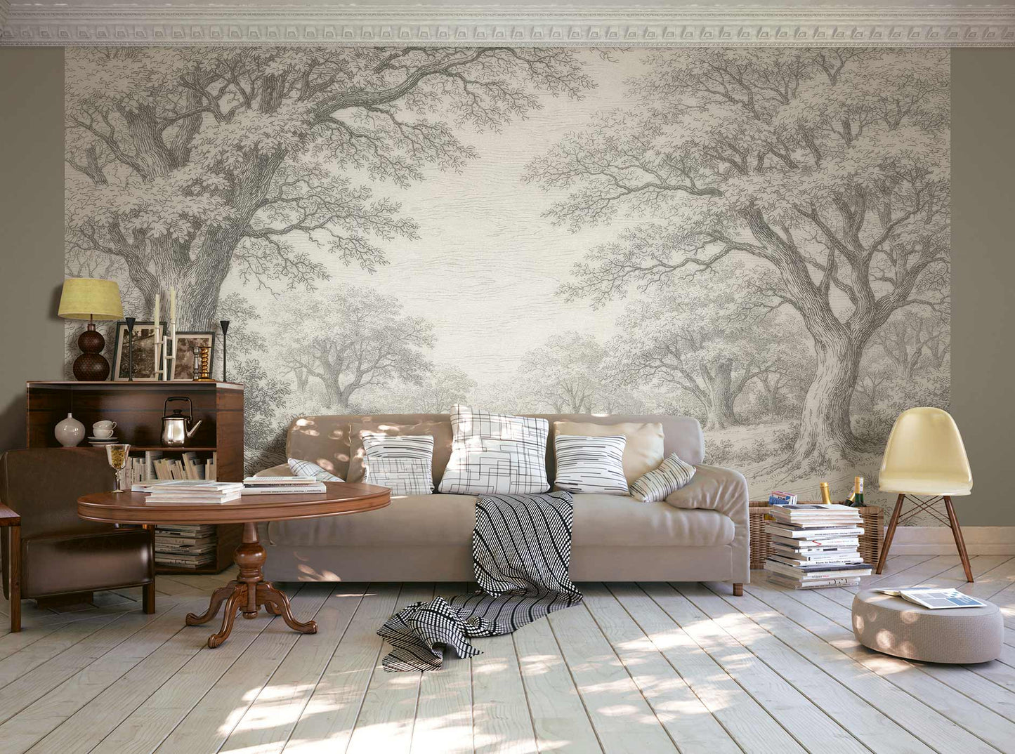 Wohnzimmer mit hellbraunem Sofa, Kissen, Decke, rundem Holztisch, Bücherstapel, Hocker, Stuhl und mit einer Vintage Landschaftstapete von Superwalls mit Bäumen.