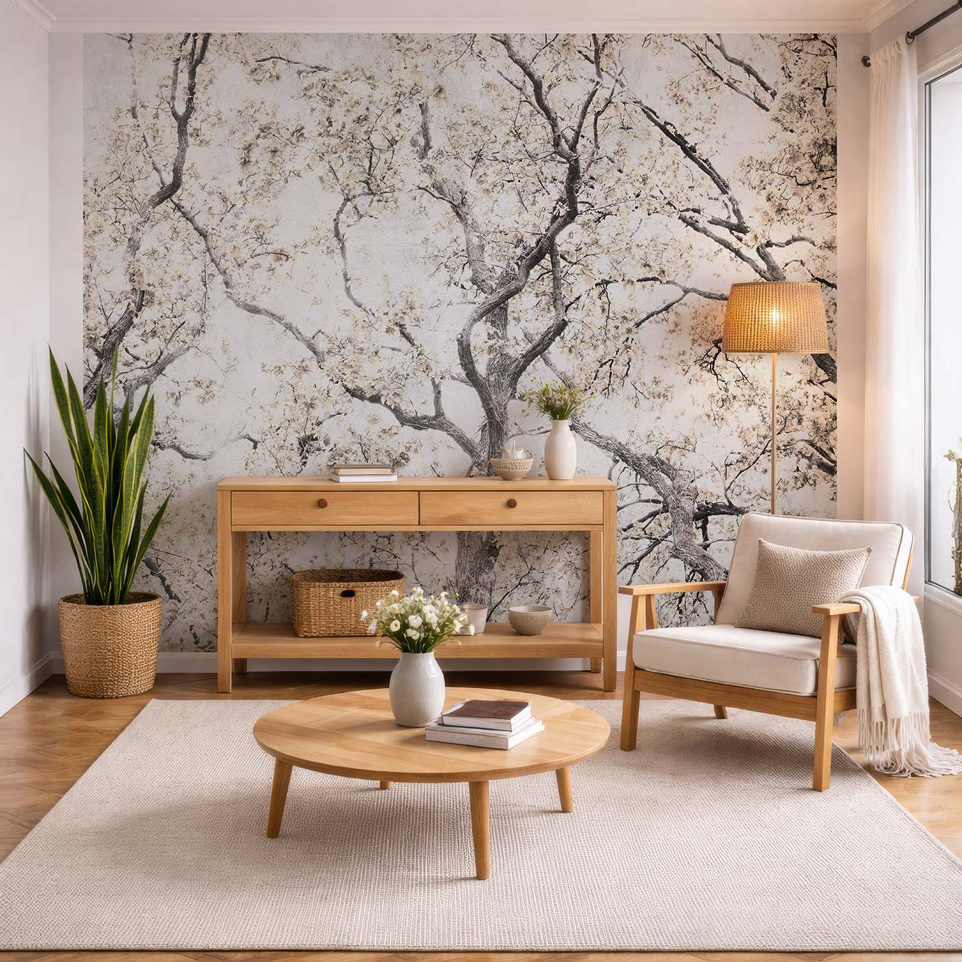 Wohnzimmer mit hellholzigem Möbelset bestehend aus Sideboard, rundem Couchtisch und Sessel vor einer Wand mit schwarz-weißer Baumzweigmuster-Tapete von Superwalls