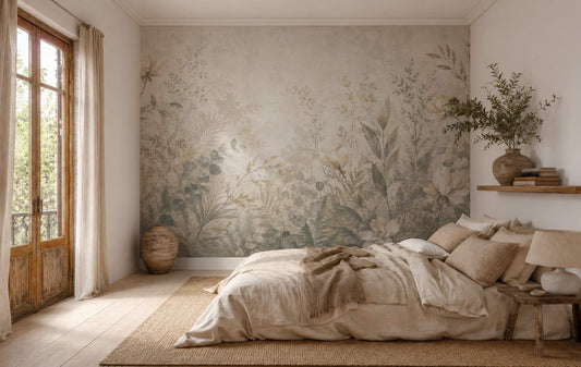 Schlafzimmer mit großem Bett, Tapete mit floralem Muster von Superwalls, Holzboden, Holzfenster mit Vorhängen und Dekoration aus Vasen und Pflanzen