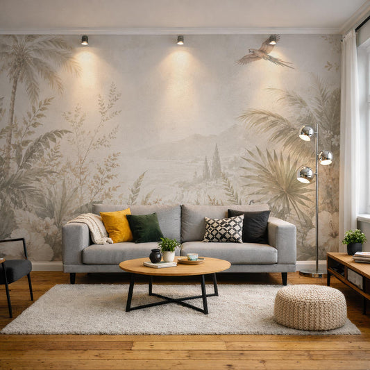 Wohnzimmer mit beigem Sofa, runden Holztisch, Sessel, Hocker und einer Tapete mit floralem Muster von Superwalls