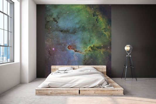 Schlafzimmer mit niedrigem Holzrahmenbett vor einer Wand mit großflächigem Weltraumtapete von Superwalls und Stehlampe auf Dreibein-Stativ