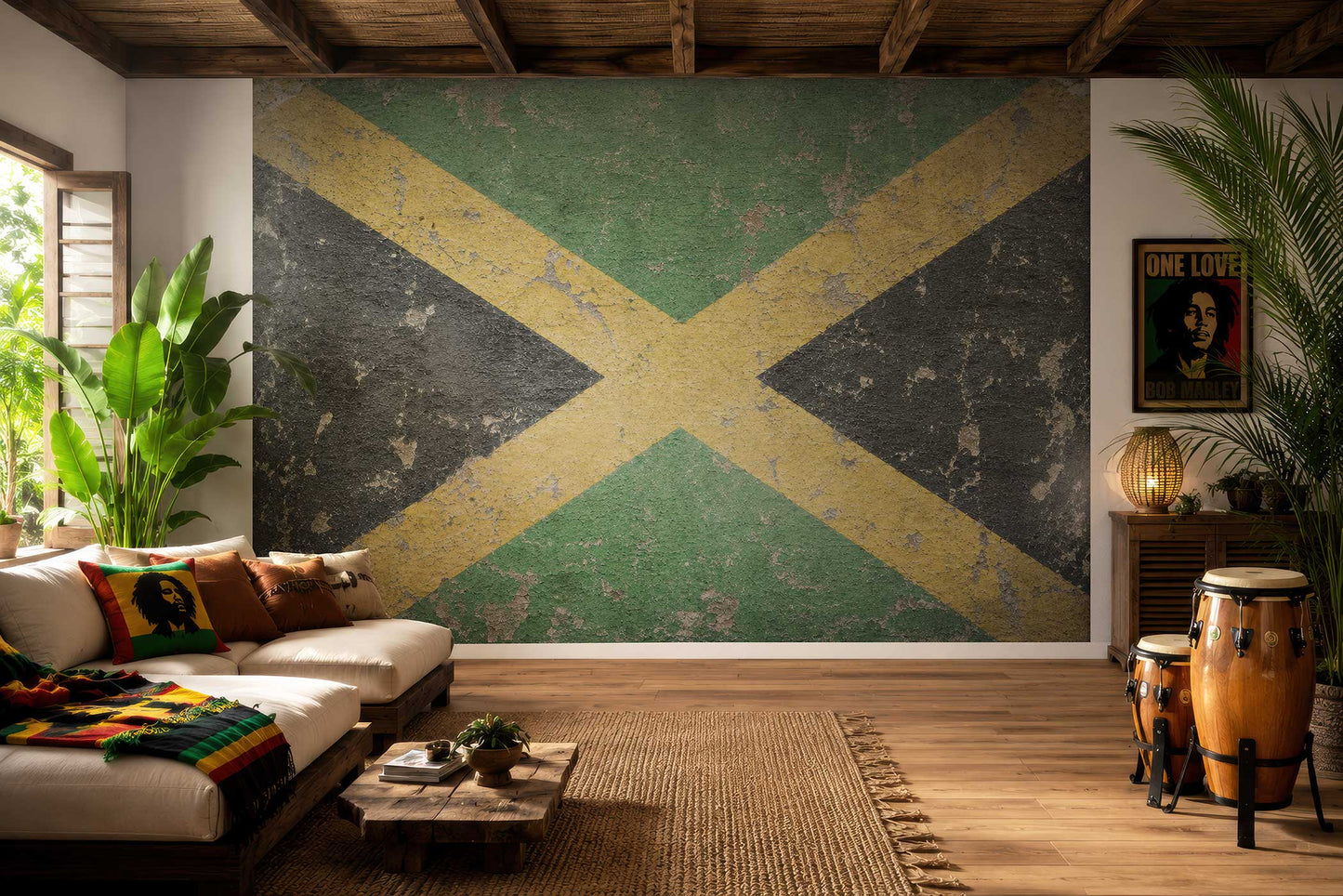 Wohnzimmer mit einer Tapete der jamaikanischen Flagge von Superwalls, Sofa mit bunten Kissen, Pflanzen und Trommeln