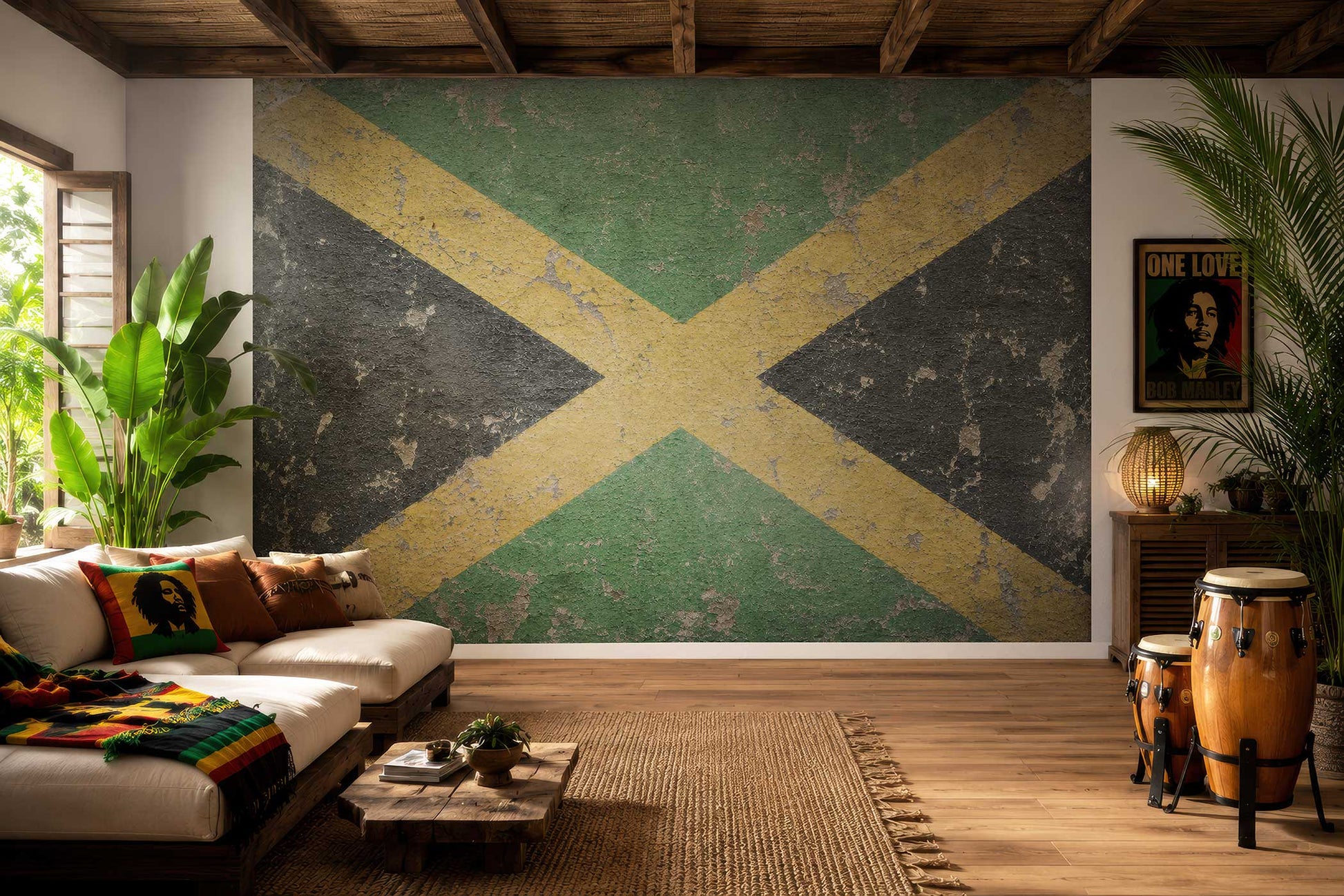 Wohnzimmer mit einer Tapete der jamaikanischen Flagge von Superwalls, Sofa mit bunten Kissen, Pflanzen und Trommeln