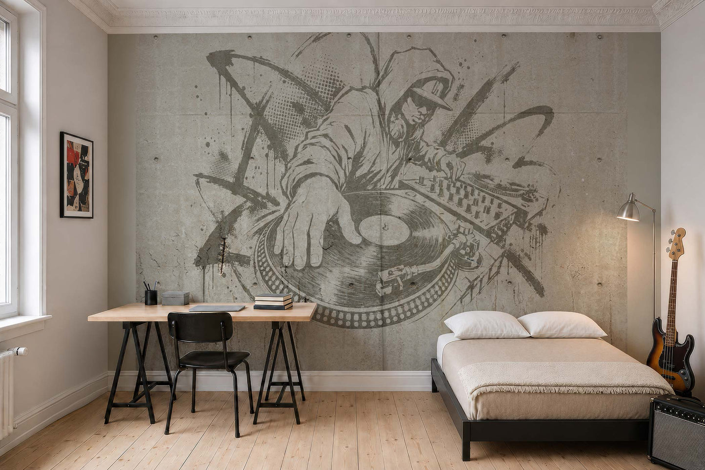 Schlafzimmer mit Schreibtisch, Stuhl, Bett und eine Tapete eines DJs mit Plattenspieler und Mischpult von Superwalls