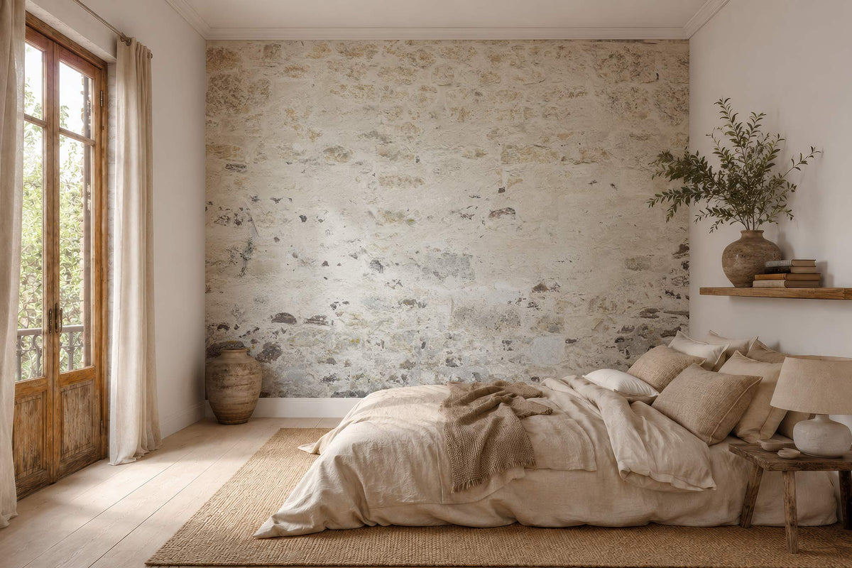 Schlafzimmer mit Natursteinwand Tapete von Superwalls, Holzboden, großem Bett mit beiger Bettwäsche, Holzfenster mit Blick ins Grüne und Dekoration aus Keramikvasen und Büchern